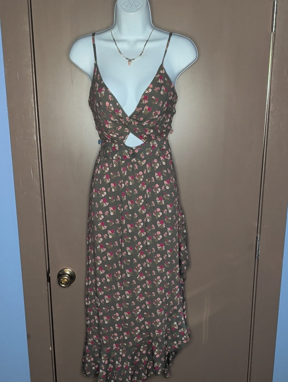 angie Brand floral Boho  Spaghetti-Strap Midi Dress in Olive with Pink Accents